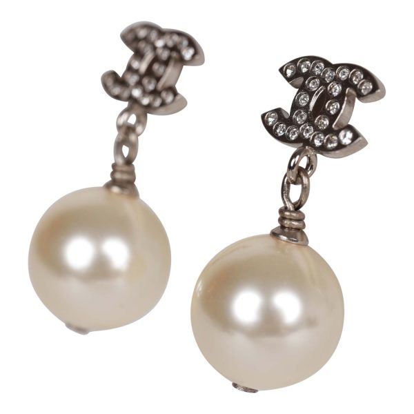 Chanel Silver CC Faux Crystal Pearl Drop Earrings Hot on Sale