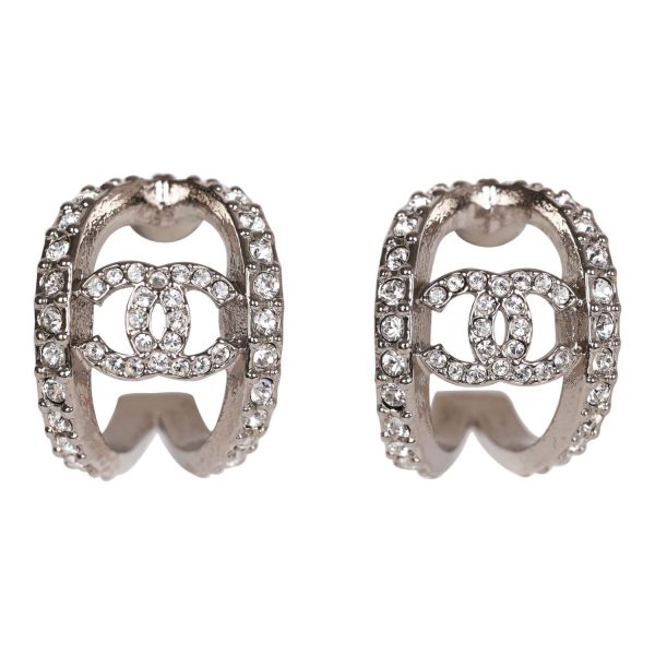 Chanel CC Huggie Silver and Crystal C Hoop Earrings Online now