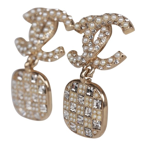 Chanel CC Faux Pearl Crystal Square Drop Earrings Supply