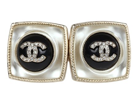 Chanel Crystal CC Square Pearl Stud Earrings Light Gold Hardware For Sale