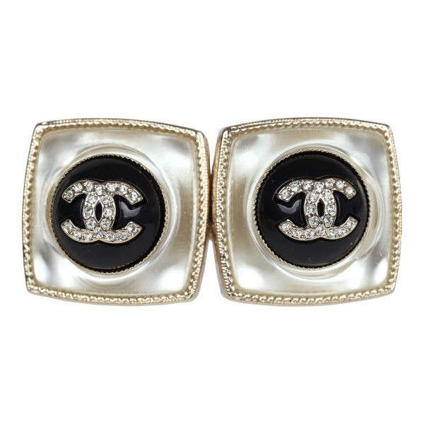 Chanel Crystal CC Square Pearl Stud Earrings Light Gold Hardware For Sale