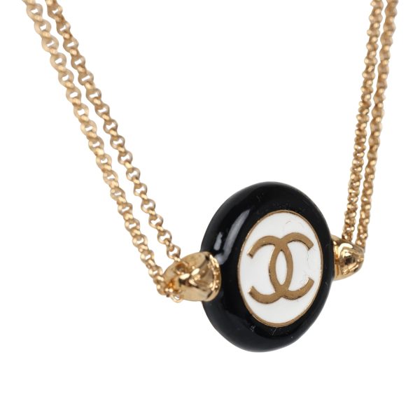 Chanel Round CC Enamel Pendant Choker Necklace Black White Gold Hardware Supply