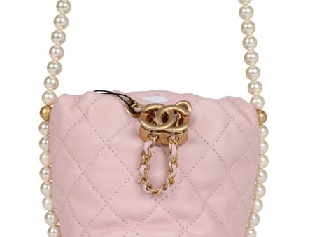 Chanel  About Pearls  Mini Drawstring Bucket Bag Pink Calfskin Brushed Gold Hardware Online Hot Sale