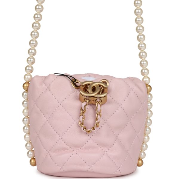 Chanel  About Pearls  Mini Drawstring Bucket Bag Pink Calfskin Brushed Gold Hardware Online Hot Sale