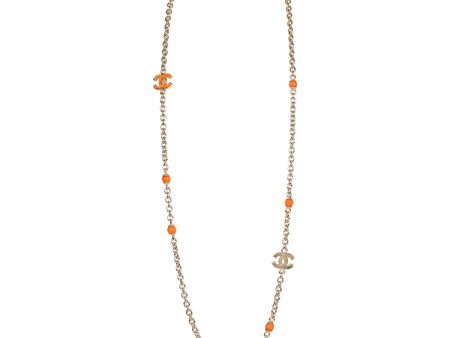 Chanel CC Beaded Sautoir Long Chain Necklace Orange Gold Metal Supply