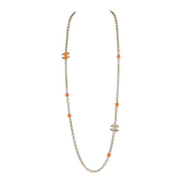 Chanel CC Beaded Sautoir Long Chain Necklace Orange Gold Metal Supply