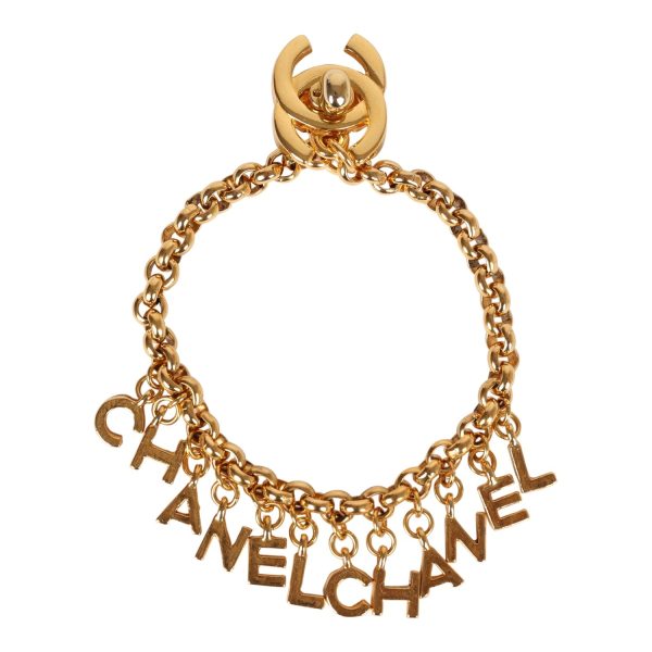 Vintage Chanel 24K Gold Plated  Chanel  Logo Charms Turnlock Bracelet Fashion