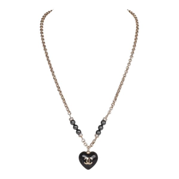 Chanel Black and Silver CC Crystal Heart Pendant Necklace Supply