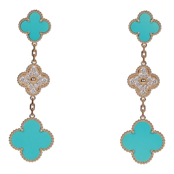 Van Cleef & Arpels Magic Alhambra Turquoise 18K Yellow Gold Diamond Drop Earrings Online Sale