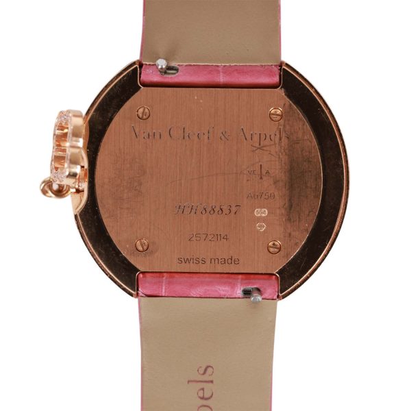 Pre-owned Van Cleef & Arpels Diamond Charm Watch Rose Gold and Pink Alligator For Sale