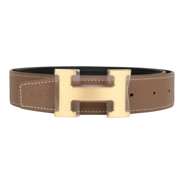 Hermes 32mm Reversible Etoupe Black Constance H Belt 75cm Brushed Gold Buckle Online Hot Sale