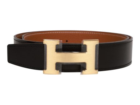 Hermes 32mm Reversible Black Gold Constance H Belt 75cm Brushed Gold Buckle Discount