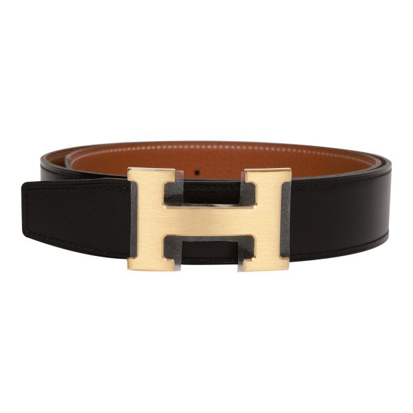 Hermes 32mm Reversible Black Gold Constance H Belt 75cm Brushed Gold Buckle Discount