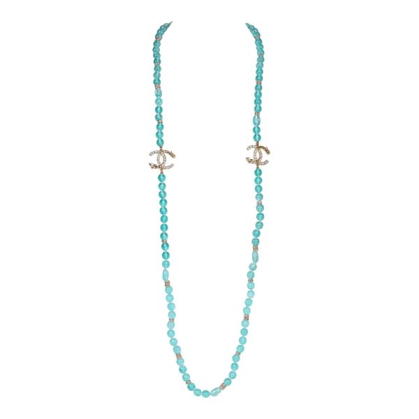 Chanel Teal Gripoix Beaded Necklace Gold Metal and White Strass CC Logos Supply