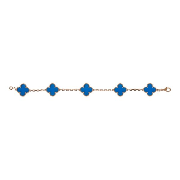 Van Cleef & Arpels Vintage Alhambra 18k Blue Agate 5 Motifs Bracelet on Sale