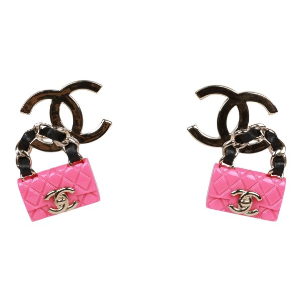 Chanel Pink Signature Flap Bag Dangling Earrings For Discount