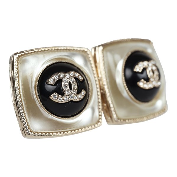 Chanel Crystal CC Square Pearl Stud Earrings Light Gold Hardware For Sale