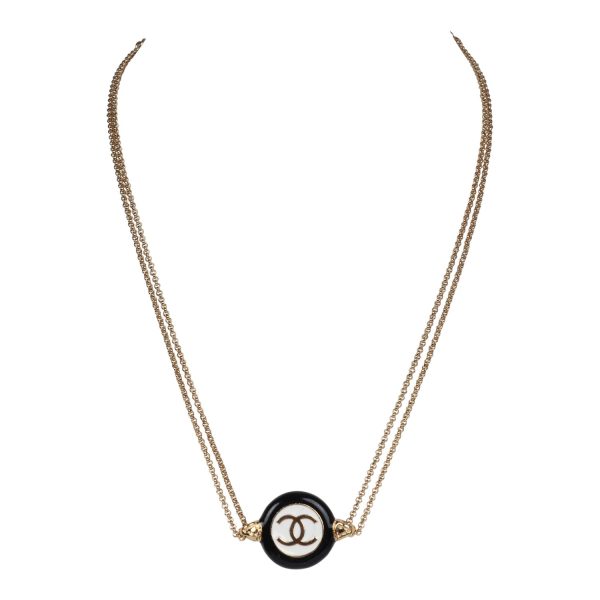 Chanel Round CC Enamel Pendant Choker Necklace Black White Gold Hardware Supply