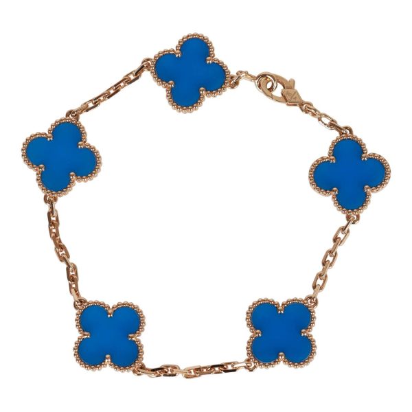 Van Cleef & Arpels Vintage Alhambra 18k Blue Agate 5 Motifs Bracelet on Sale