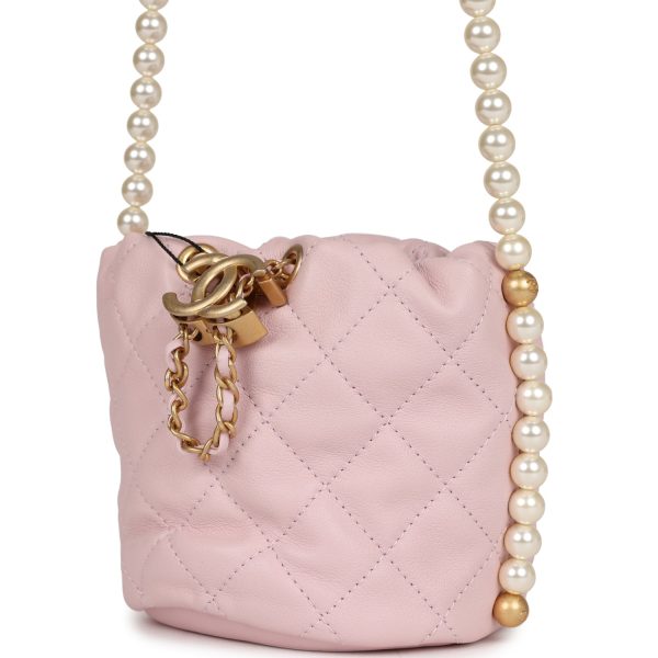 Chanel  About Pearls  Mini Drawstring Bucket Bag Pink Calfskin Brushed Gold Hardware Online Hot Sale