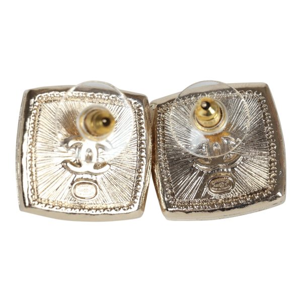 Chanel Crystal CC Square Pearl Stud Earrings Light Gold Hardware For Sale