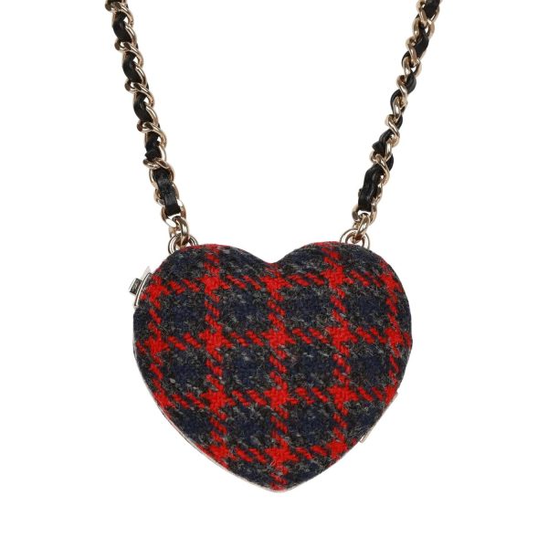 Chanel Red and Blue Plaid Heart Necklace Locket Light Gold Hardware Fashion