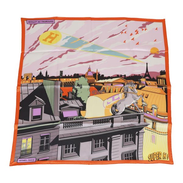 Hermes  Minuit au Faubourg  Orange Silk Twill Scarf 70cm Online now