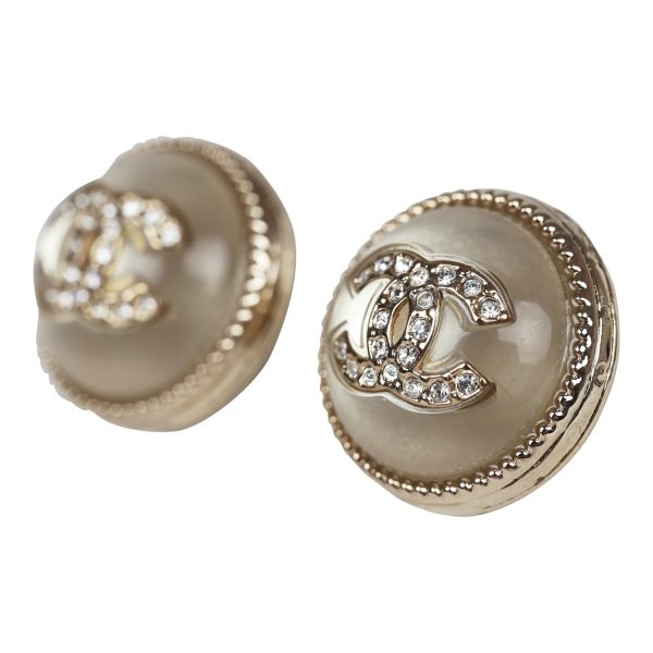 Chanel Crystal CC Round Pearl Button Earrings Light Gold Hardware Online