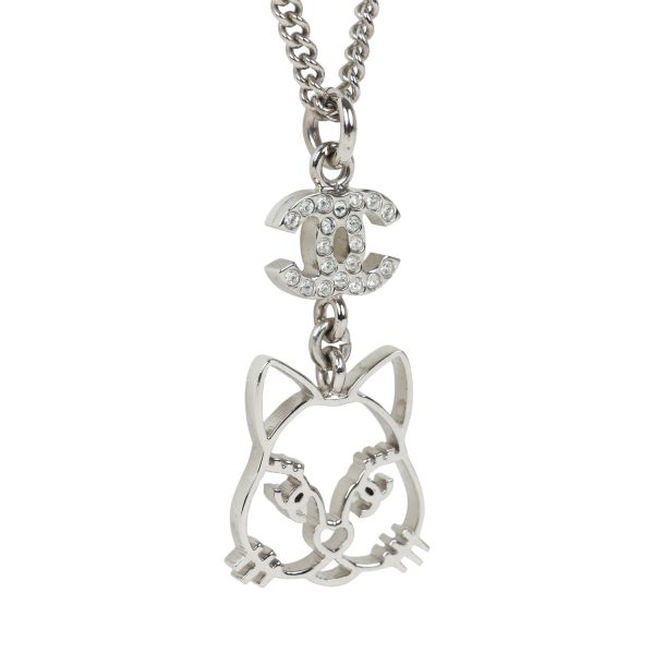 Chanel Silver CC Crystal Choupette Cat Emoji Pendant Necklace Hot on Sale