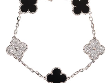 Van Cleef & Arpels Vintage Alhambra 5 Motif Bracelet Onyx 18K White Gold & Diamonds For Sale